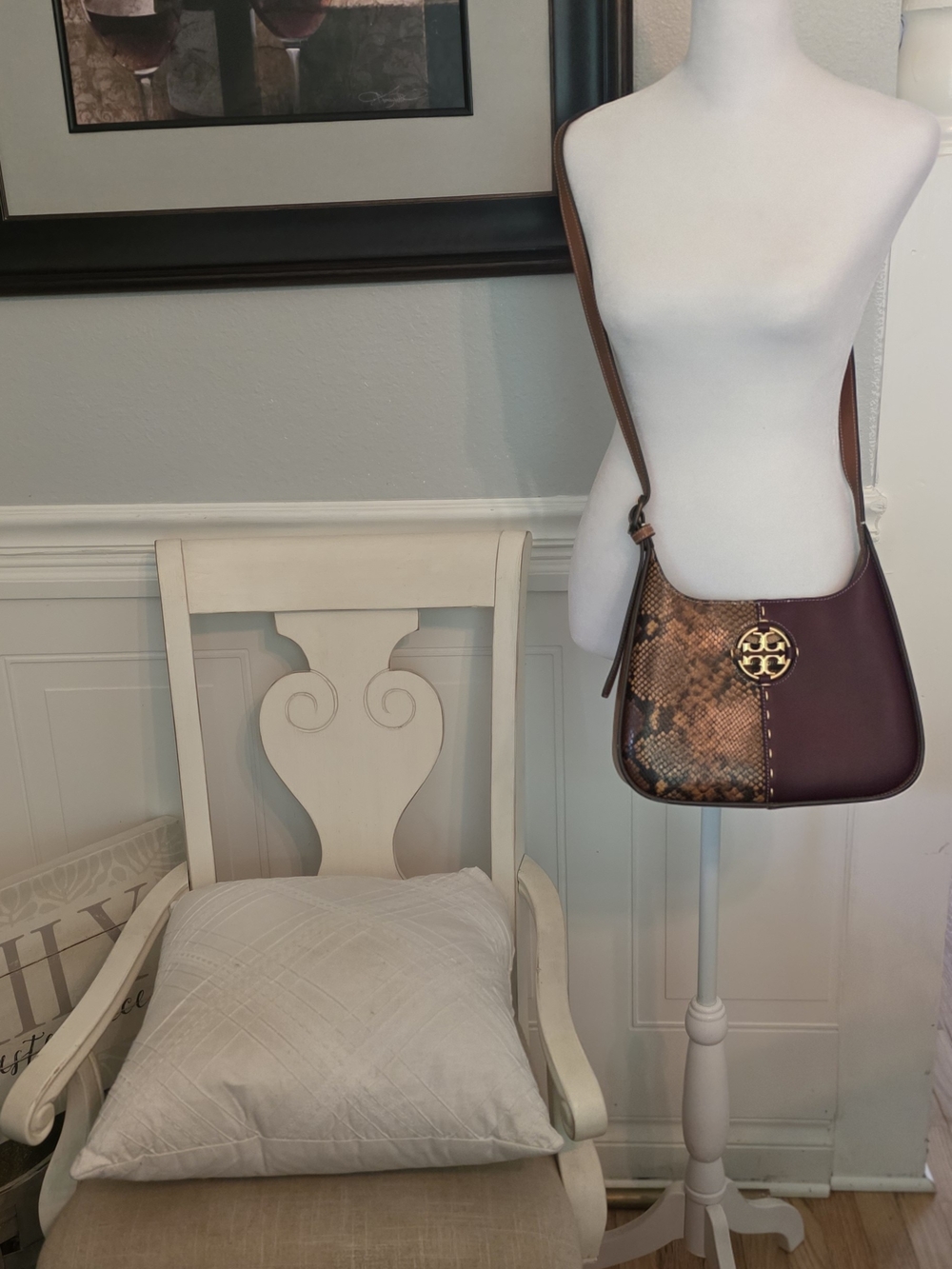 Tory BURCH Brown Snake-Print and Burgundy Crossbody Shoulder Bag